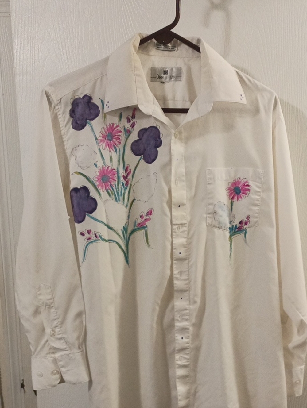 Hand-Painted Floral Dress Shirt - Cream with Purple & Pink Accents